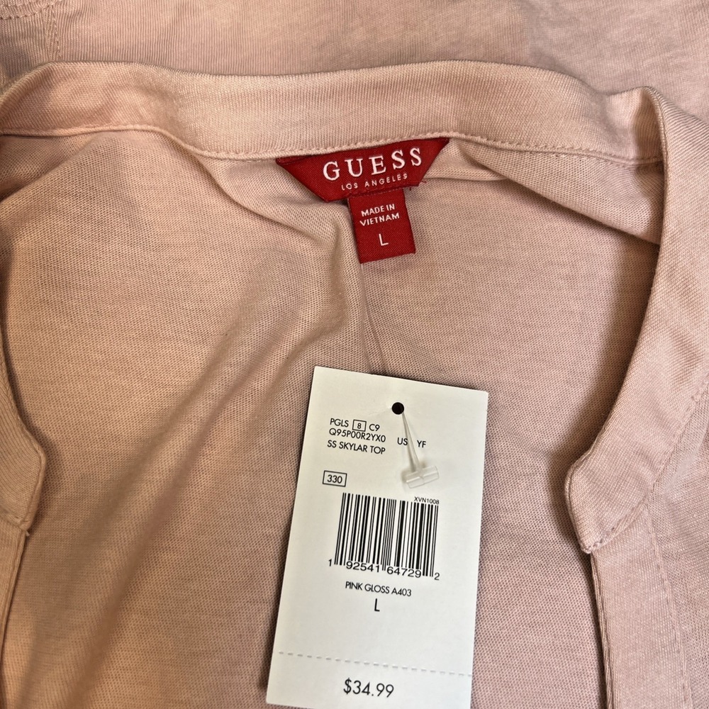 NWT Guess LA Skylar Top Women's L Blush Pink Modal Henley Roll Tab Sleeve Soft - Picture 4 of 16